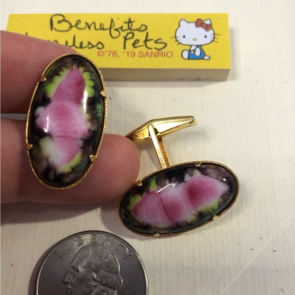 VINTAGE cuff links RHODONITE pink flowers WEDDING PROM - Picture 3 of 3